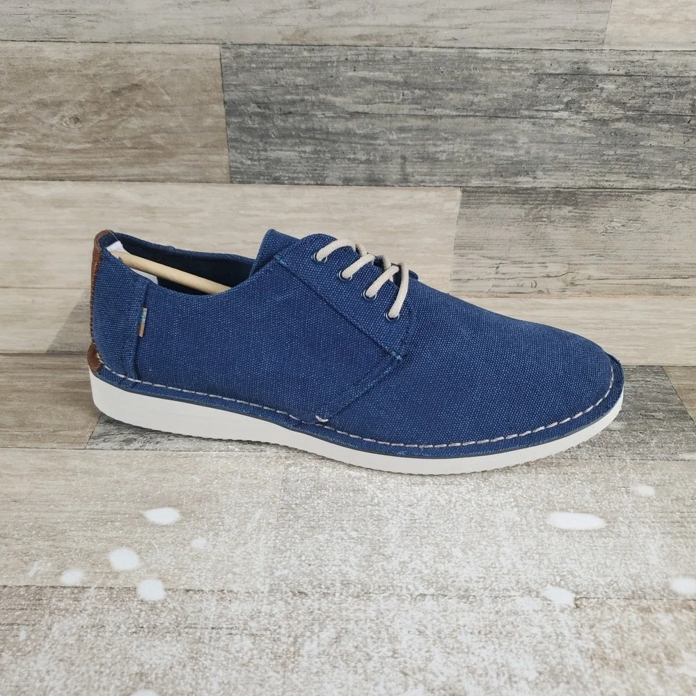 Toms Preston Mens Casual Shoes 8.5 Navy Washed Canvas Stitch Out Lace Up Sneaker